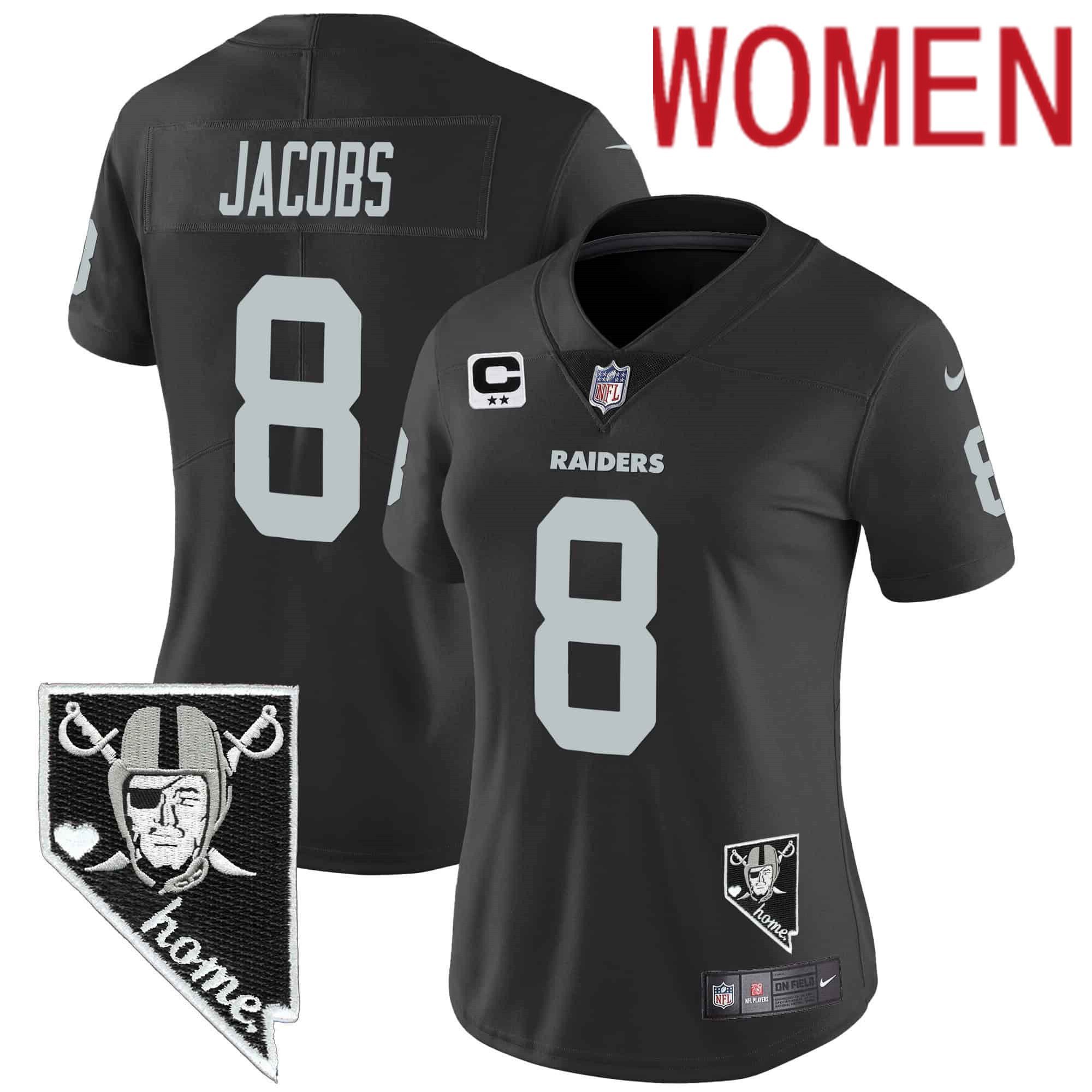 Women Oakland Raiders #8 Jacobs Black 2024 Nike Nevada Home Patch Vapor NFL Jersey style 1